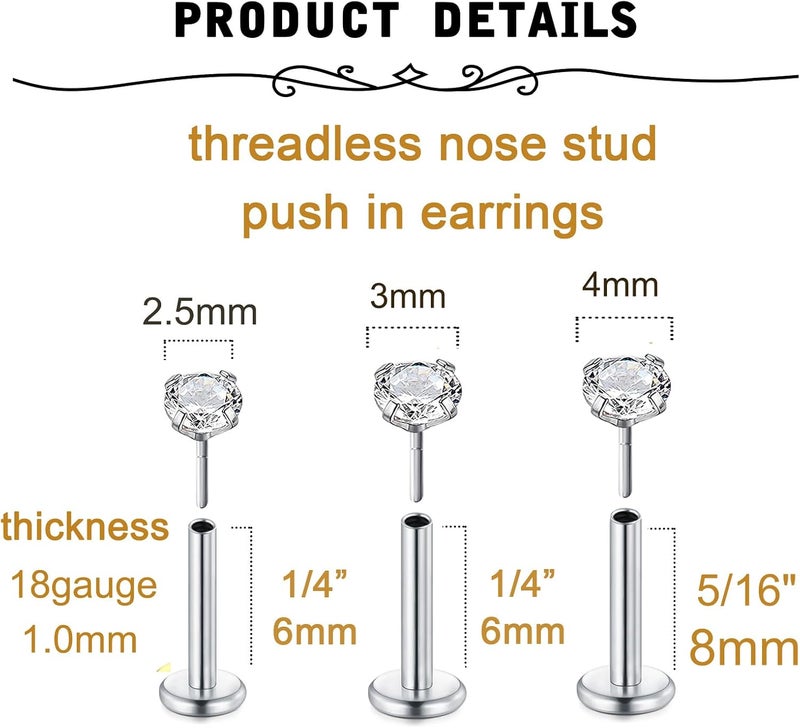 MODRSA Silver Gold Nose Studs Nostril Piercings Threadless Push in Nose Rings Stud L Shaped Surgical Steel Hypoallergenic Flat Back Helix Earrings Screw Studs Crokscrew Nostril Jewelry for Women Men - Image 2